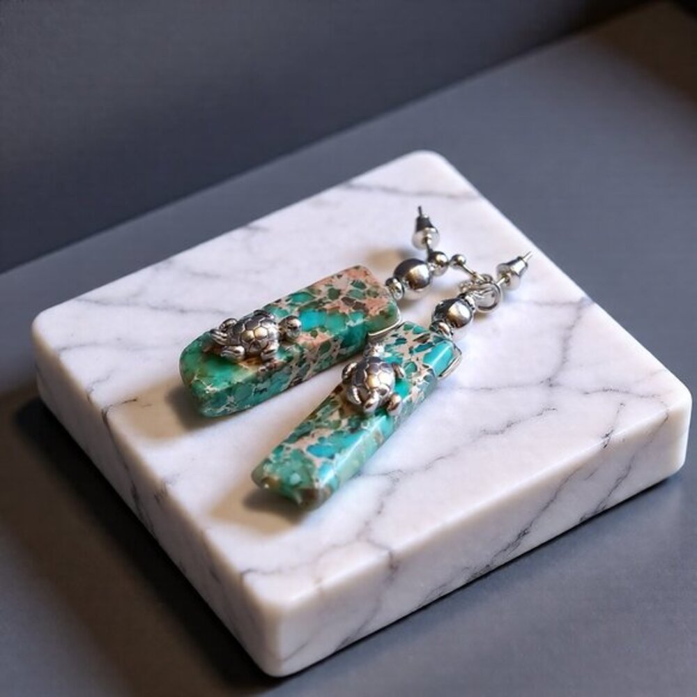 Handmade: Sea Turtle & Turquoise + Sand Colored Sea Sediment Jasper Bar Earrings
